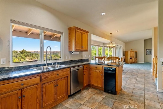 8412 Alta Vista Ave, Atascadero, CA 93422 - kitchen featuring stainless steel dishwasher, brown cabinets, lofted ceiling, a chandelier, and a peninsula