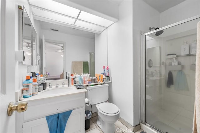 44559 Aspen St, Lancaster, CA 93535 - bathroom featuring a stall shower, vanity, tile patterned floors, and a ceiling fan
