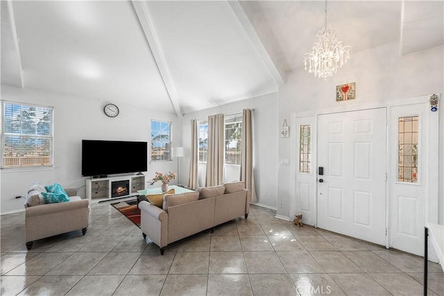 44559 Aspen St, Lancaster, CA 93535 - living area with light tile patterned floors, beam ceiling, a chandelier, and high vaulted ceiling