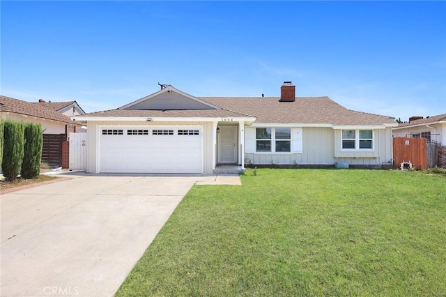 1834 E Stuart Ave, West Covina, CA 91791 - ranch-style home with a chimney, an attached garage, concrete driveway, board and batten siding, and a shingled roof