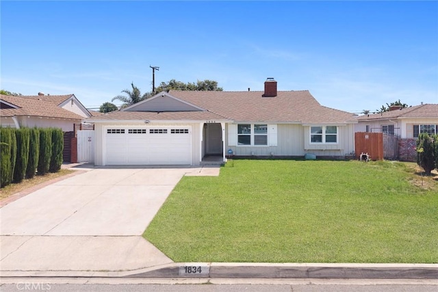 1834 E Stuart Ave, West Covina, CA 91791 - ranch-style home featuring an attached garage, concrete driveway, a chimney, roof with shingles, and board and batten siding