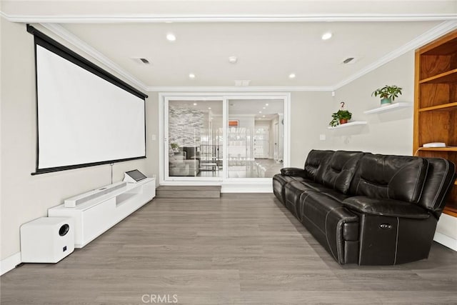 1834 E Stuart Ave, West Covina, CA 91791 - home theater featuring crown molding, wood finished floors, and recessed lighting