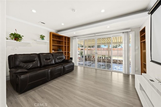1834 E Stuart Ave, West Covina, CA 91791 - living room featuring crown molding, wood finished floors, and recessed lighting