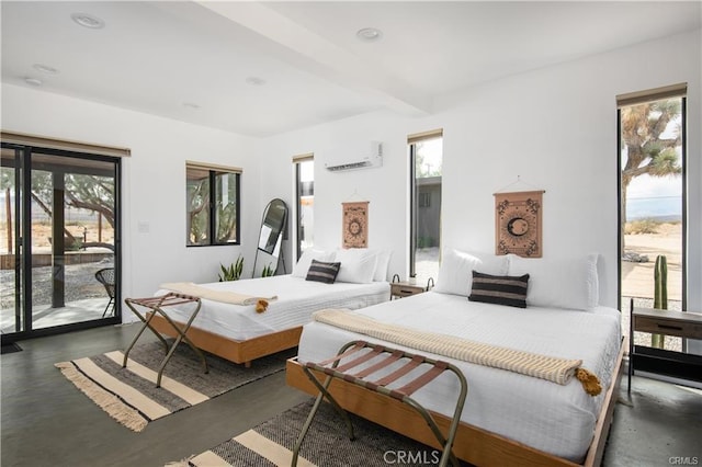 5725 Sunfair Rd, Joshua Tree, CA 92252 - bedroom with access to exterior, multiple windows, a wall unit AC, and beamed ceiling