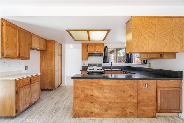 44738 Foxboro Ct, Lancaster, CA 93535 - kitchen with range with gas stovetop, a peninsula, under cabinet range hood, light wood-style flooring, and brown cabinets