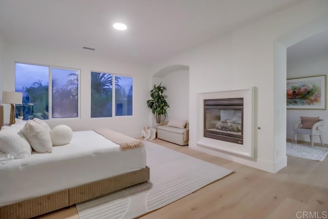 2850 Palmetto Point Ct, Chula Vista, CA 91915 - bedroom with a glass covered fireplace, light wood-style flooring, recessed lighting, and arched walkways