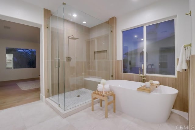 2850 Palmetto Point Ct, Chula Vista, CA 91915 - bathroom featuring a freestanding tub, a stall shower, tile patterned floors, and recessed lighting