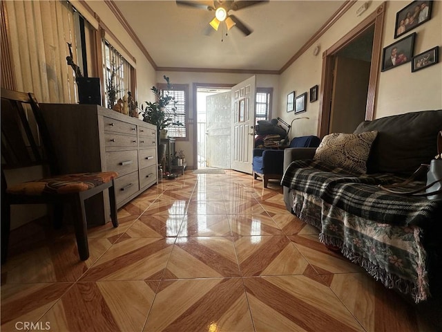 315 W 63rd Pl, Los Angeles, CA 90003 - living area with crown molding and a ceiling fan