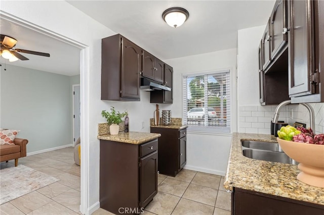 1048 S Record Ave, East Los Angeles, CA 90023 - kitchen with dark brown cabinets, under cabinet range hood, ceiling fan, and tasteful backsplash