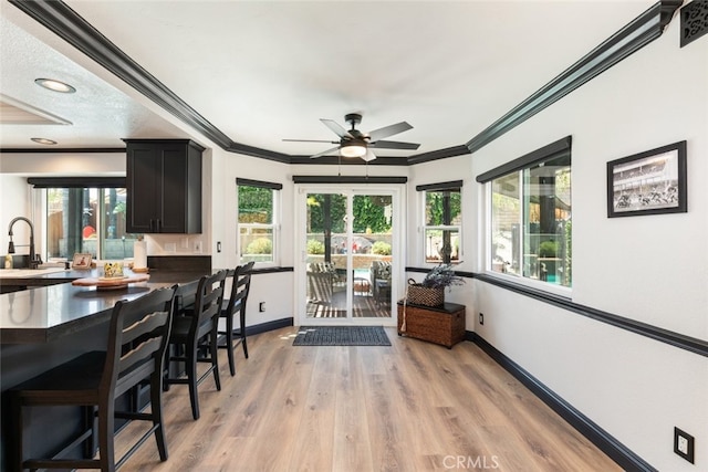 16508 Nectarine Way, Lake Elsinore, CA 92530 - dining space with ornamental molding, ceiling fan, healthy amount of natural light, and light wood finished floors