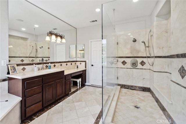 36472 County Line Rd, Yucaipa, CA 92399 - full bath featuring a stall shower, vanity, recessed lighting, and inlaid floor details