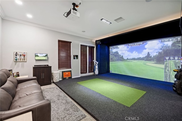 36472 County Line Rd, Yucaipa, CA 92399 - rec room featuring golf simulator, crown molding, carpet floors, and recessed lighting
