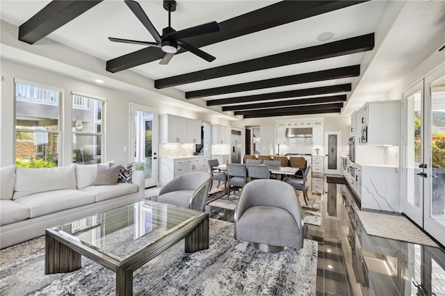 36472 County Line Rd, Yucaipa, CA 92399 - living room featuring beamed ceiling, a ceiling fan, wood finished floors, and recessed lighting