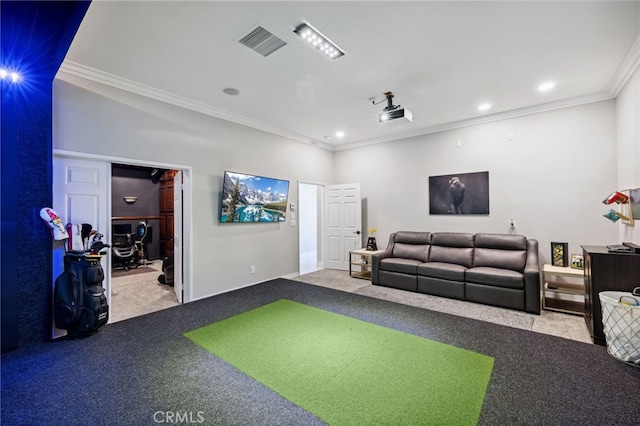 36472 County Line Rd, Yucaipa, CA 92399 - recreation room featuring carpet floors, ornamental molding, golf simulator, and recessed lighting