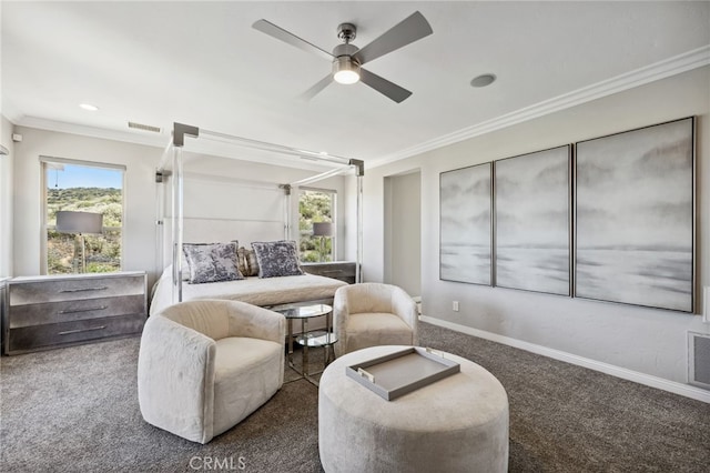 36472 County Line Rd, Yucaipa, CA 92399 - carpeted bedroom with multiple windows, crown molding, a ceiling fan, and recessed lighting