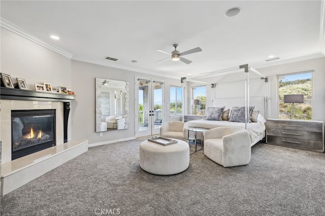 36472 County Line Rd, Yucaipa, CA 92399 - bedroom featuring access to exterior, a high end fireplace, ornamental molding, french doors, and carpet flooring