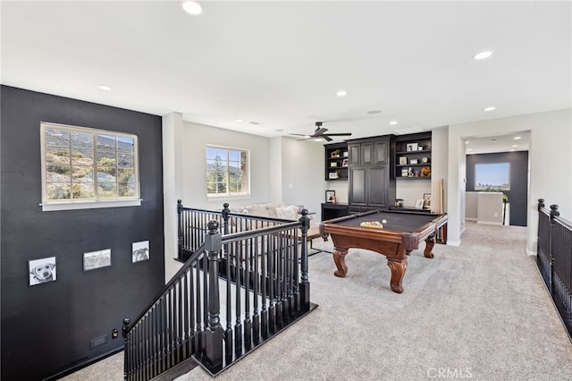 36472 County Line Rd, Yucaipa, CA 92399 - rec room with recessed lighting, light carpet, a ceiling fan, and billiards