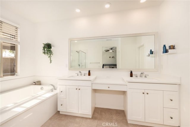 10963 Clementine Way, Loma Linda, CA 92354 - full bathroom featuring double vanity, a garden tub, tile patterned flooring, a stall shower, and a ceiling fan