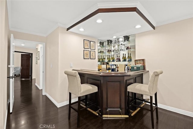 11900 Laughton Way, Porter Ranch, CA 91326 - indoor dry bar featuring dark wood-type flooring, recessed lighting, and ornamental molding