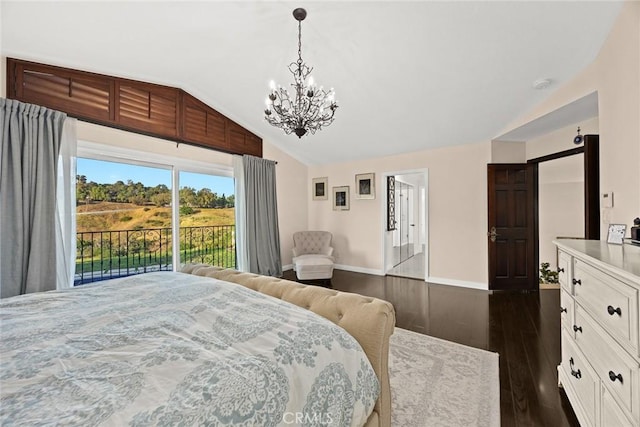 11900 Laughton Way, Porter Ranch, CA 91326 - bedroom featuring lofted ceiling, access to outside, a chandelier, and dark wood-type flooring