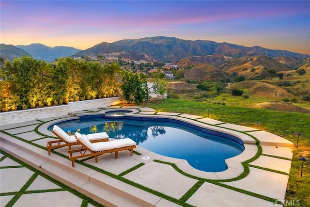 11900 Laughton Way, Porter Ranch, CA 91326 - view of swimming pool featuring a mountain view, a patio, and a pool with connected hot tub