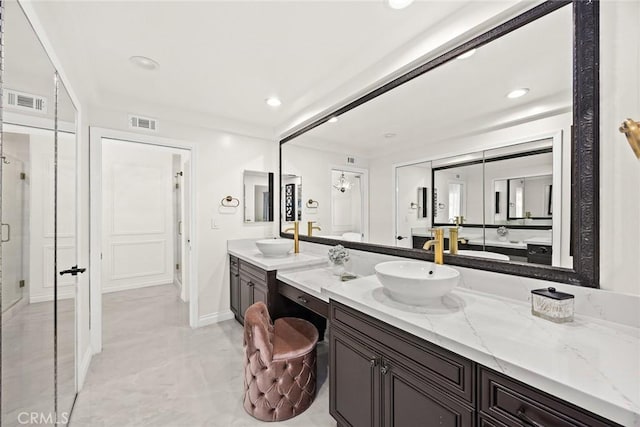 11900 Laughton Way, Porter Ranch, CA 91326 - bathroom with double vanity, recessed lighting, and a shower stall