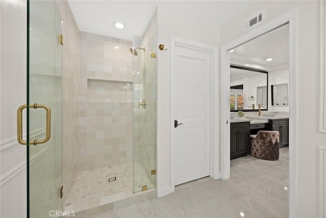 11900 Laughton Way, Porter Ranch, CA 91326 - bathroom with vanity, a stall shower, marble finish flooring, and recessed lighting