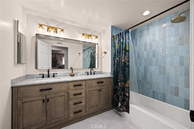 11900 Laughton Way, Porter Ranch, CA 91326 - full bathroom featuring shower / tub combo with curtain, double vanity, and recessed lighting