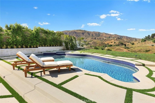 11900 Laughton Way, Porter Ranch, CA 91326 - outdoor pool featuring a patio, a mountain view, and a hot tub
