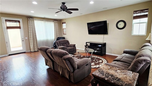 15048 Westin Ln, La Mirada, CA 90638 - living area featuring dark wood finished floors, a ceiling fan, and recessed lighting