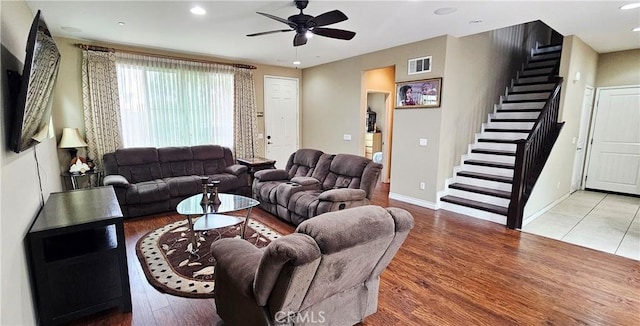 15048 Westin Ln, La Mirada, CA 90638 - living area featuring stairway, ceiling fan, wood finished floors, and recessed lighting