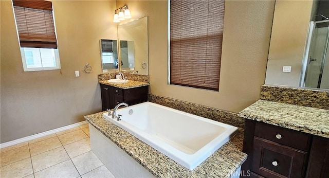 15048 Westin Ln, La Mirada, CA 90638 - full bath with a bath, vanity, tile patterned flooring, and a shower with door