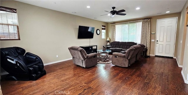 15048 Westin Ln, La Mirada, CA 90638 - living area with dark wood-style flooring, a ceiling fan, and recessed lighting