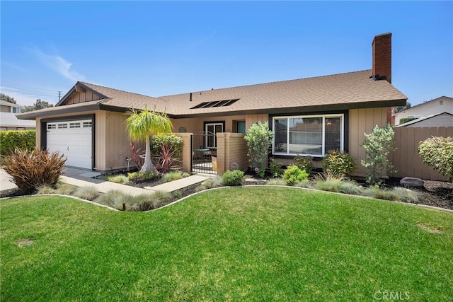 3112 N Hearthside St, Orange, CA 92865 - ranch-style home with a garage, a chimney, a gate, roof with shingles, and board and batten siding