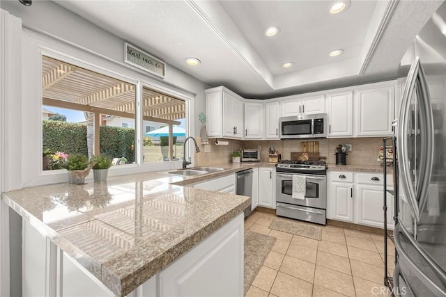 3112 N Hearthside St, Orange, CA 92865 - kitchen with stainless steel appliances, backsplash, white cabinets, light tile patterned floors, and a peninsula