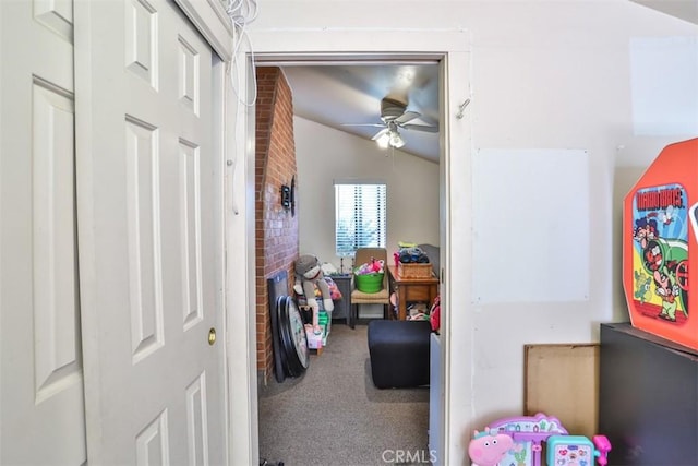 1853 E Renshaw St, Covina, CA 91724 - playroom with a ceiling fan, carpet, and vaulted ceiling