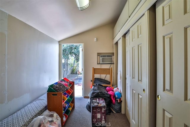1853 E Renshaw St, Covina, CA 91724 - bedroom with an AC wall unit, lofted ceiling, carpet floors, and access to exterior