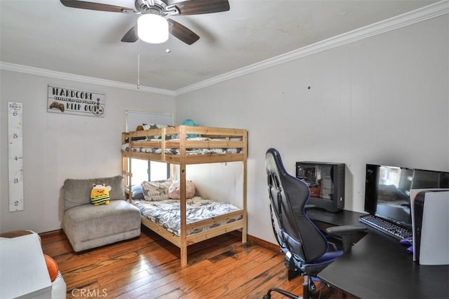 1853 E Renshaw St, Covina, CA 91724 - bedroom featuring a desk, hardwood / wood-style floors, crown molding, and a ceiling fan