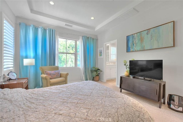 25 Sedgewick, Irvine, CA 92620 - carpeted bedroom with a tray ceiling, ensuite bathroom, and recessed lighting