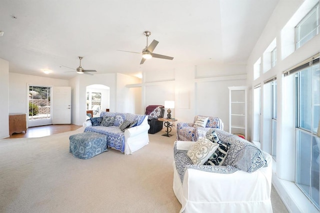 36748 Parrot Mountain Rd, Ranchita, CA 92066 - living room with arched walkways, carpet floors, and ceiling fan