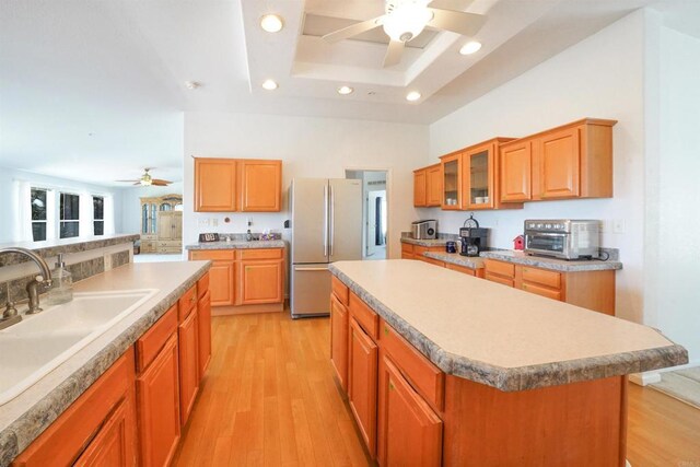 36748 Parrot Mountain Rd, Ranchita, CA 92066 - kitchen featuring freestanding refrigerator, a ceiling fan, recessed lighting, light wood-style floors, and a kitchen island