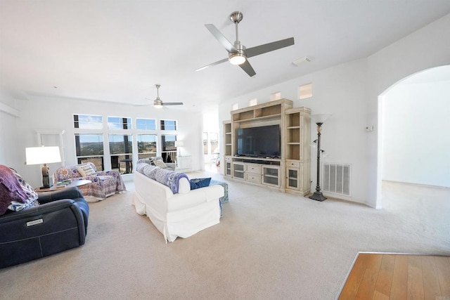 36748 Parrot Mountain Rd, Ranchita, CA 92066 - carpeted living area with ceiling fan, arched walkways, and wood finished floors