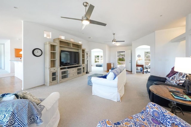 36748 Parrot Mountain Rd, Ranchita, CA 92066 - living area featuring arched walkways, ceiling fan, and carpet