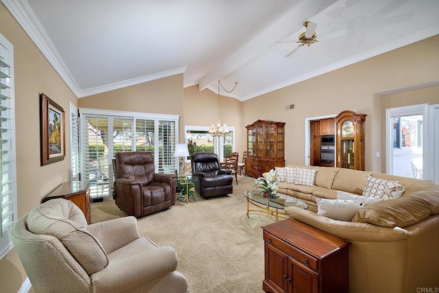 5073 Mycenae Way, Oceanside, CA 92056 - living room featuring light carpet, a chandelier, ceiling fan, beamed ceiling, and ornamental molding