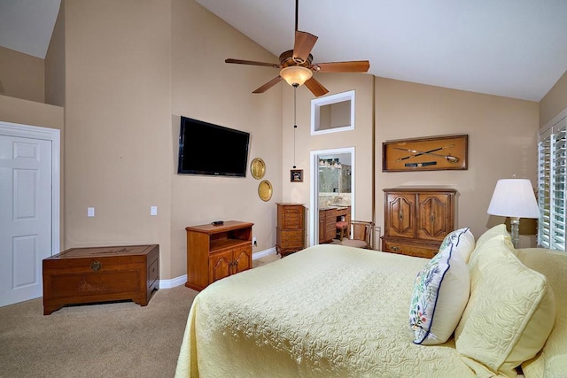 5073 Mycenae Way, Oceanside, CA 92056 - bedroom featuring high vaulted ceiling, carpet floors, and a ceiling fan