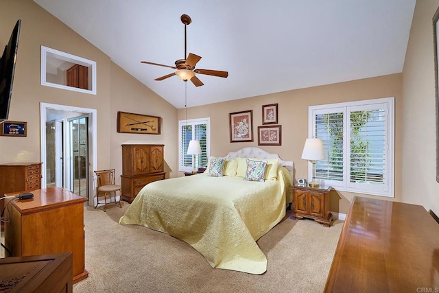 5073 Mycenae Way, Oceanside, CA 92056 - bedroom featuring carpet, multiple windows, high vaulted ceiling, and a ceiling fan