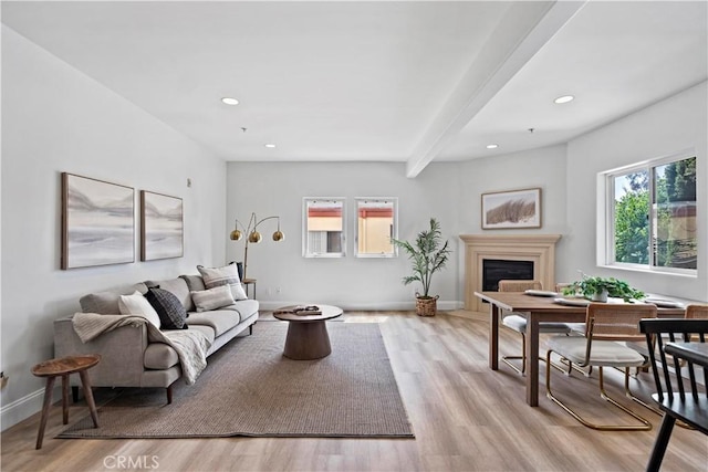 9123 National Blvd Unit 1, Los Angeles, CA 90034 - living room with a fireplace, light wood-style floors, recessed lighting, and beamed ceiling