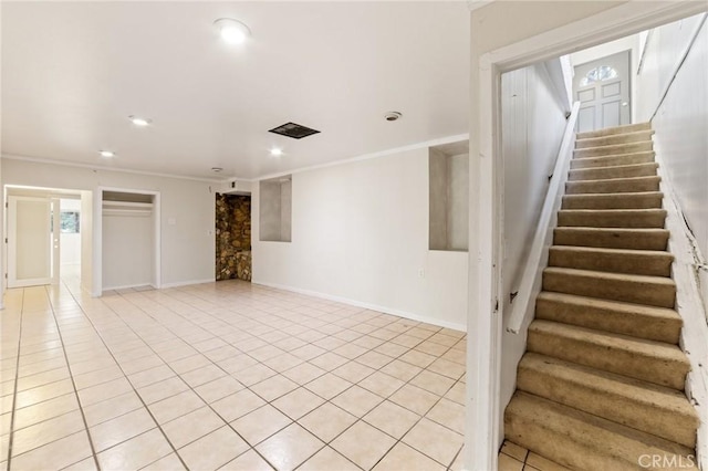 25286 N Rd, Twin Peaks, CA 92391 - unfurnished living room with recessed lighting, stairs, light tile patterned flooring, and ornamental molding
