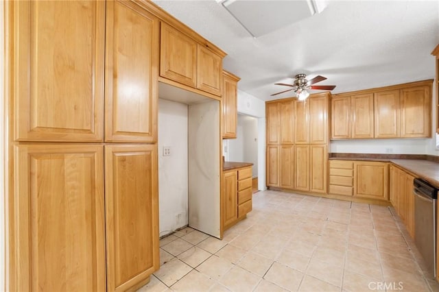 25286 N Rd, Twin Peaks, CA 92391 - kitchen featuring stainless steel dishwasher, light tile patterned floors, a ceiling fan, and dark countertops
