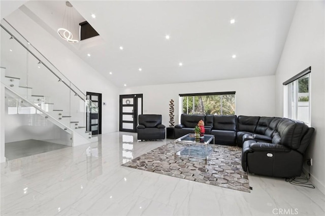 11911 Louise Ave, Granada Hills, CA 91344 - living area with stairs, marble tiled floors, high vaulted ceiling, and recessed lighting